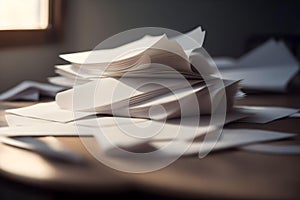 Stack of papers on wooden table in office, closeup. Business concept.