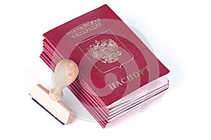 A stack of passports of Russia and stamp for visas