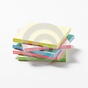 Stack of pastel-colored sticky note pads on a white background. The pads are square,
