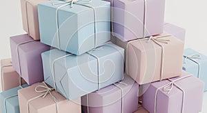 Stack of pastel colored wrapped gift boxes