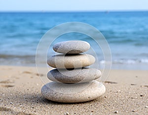 A stack of pebbles on a beach with a blurred ocean background