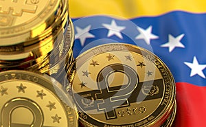 Stack of Petro concept coins on Venezuelan flag. Situation of Petro the cryptocurrency of Venezuela concept. 3D Rendering