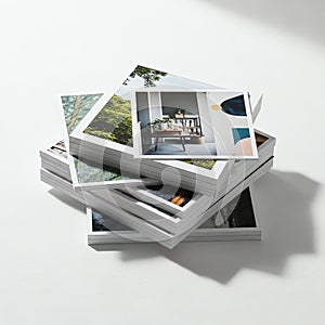 Stack of Photos with Various Images on White Background