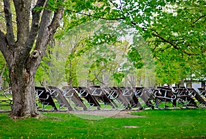 Stack of picnic tables in the camp ground