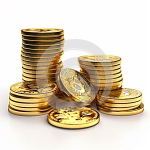 Golden BTC bitcoins on white background.