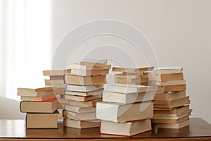 Stack of piled books rest on a wooden table with copy space for your text