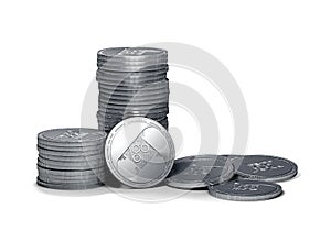 Stack and piles of OMISEGO OMG coin isolated on white background.