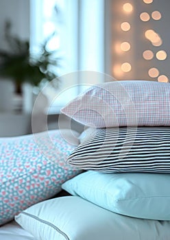 a stack of pillows. pillowcases in pastel blue, pink, mint colors with small checks and stripes on a white background of