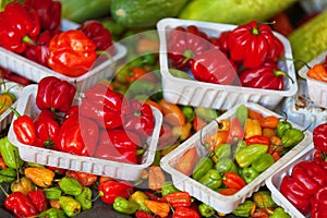 Stack of Piment cabri on a market stall photo