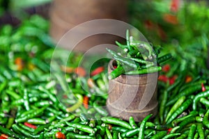 Stack of Piment oiseau on a market stall