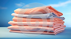 Stack of pink and blue folded clothes on blue background. Peach Fuzz color