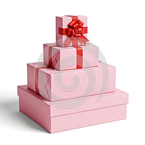 Stack of pink gift boxes with red ribbons