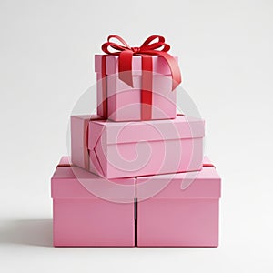 Stack of pink gift boxes with red ribbons