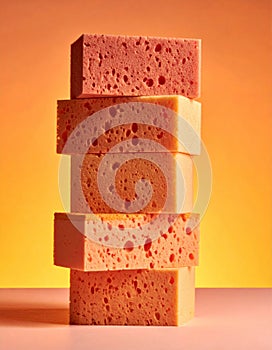 Stack of Pink and Orange Sponges on Yellow Background