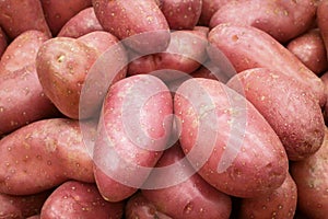 Stack of pink potatoes on a market stall