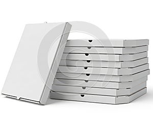 Stack of pizza boxes isolated on white background