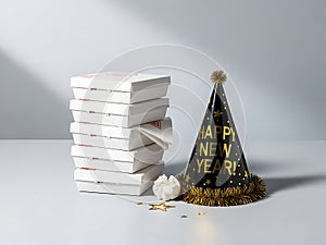 Stack of pizza boxes with new year's party hat