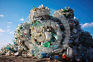 Stack of plastic bottles for recycling. Plastic bottles and containers prepared for recycling.