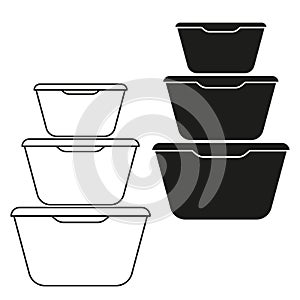 Stack plastic containers. Storage box Vector element. Black white kitchenware. Household organization system.
