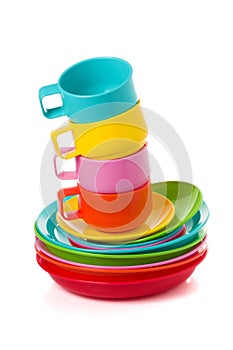Stack of plastic corlorful cups and plates - perfect for picnic