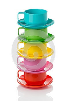 Stack of plastic corlorful cups and plates - perfect for picnic