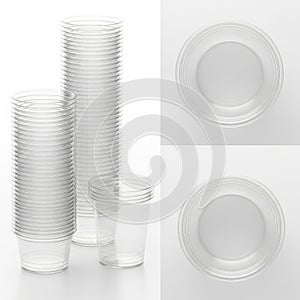 Stack of plastic cups and plates isolated on white background