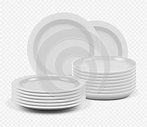 Stack plates. Kitchenware ceramic dishes for cooking mockup plates and bowls vector realistic