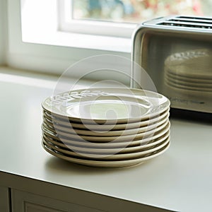 Stack of Plates and Toaster on a Kitchen Counter by the Window