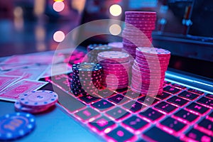 stack of playing chips for betting on laptop keyboard. Concept of gambling card games in online casino