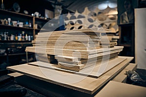 Stack of plywood at carpenter workshop