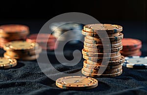 Stack of poker chips on a dark surface with scattered chips in the background