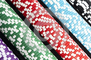 Stack of poker chips isolated background. Poker game concept. Playing a game with dice. Casino Concept for business risk chance go