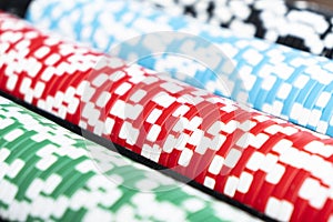 Stack of poker chips with dice rolls isolated background. Poker game concept. Playing a game with dice. Casino Concept for busines