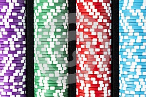 Stack of poker chips with dice rolls isolated background. Poker game concept. Playing a game with dice. Casino Concept for busines