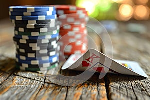 A stack of poker chips and playing cards on a wooden table
