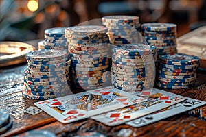 A stack of poker chips on a wooden table