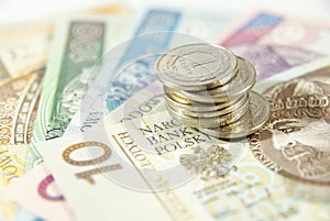 Stack of polish coins on cash