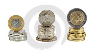 Stack of polish zloty pound and euro coins