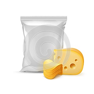 Stack of Potato Crispy Chips with Cheese and Sealed Empty Plastic Foil Bag for Package Design on White Background