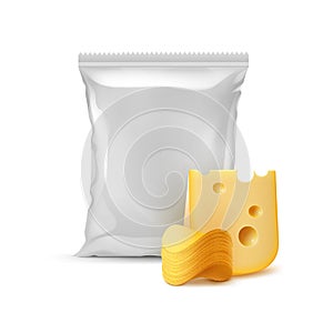 Stack of Potato Crispy Chips with Cheese and Vertical Sealed Empty Plastic Foil Bag Isolated on White Background