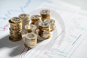 Stack of pound coins on financial graphs and figures