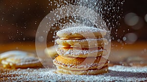 A stack of powdered sugared doughnuts being sprinkled with powdere