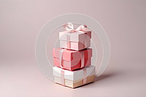Stack of present boxes with silk ribbon bow on light background, mockup, gift card. Gift or holiday concept. Mothers Day, birthday
