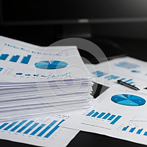 A stack of printed documents with blue bar and pie charts is placed on a black desk.