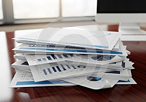 A stack of printed documents with charts and graphs is placed on a
