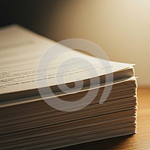 A stack of printed documents is neatly arranged on a wooden surface. The papers are
