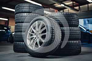 Stack of pristine car tires in workshop, illuminated by overhead lights