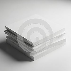 A stack of pristine white paper sheets arranged neatly on a flat surface. The sheets
