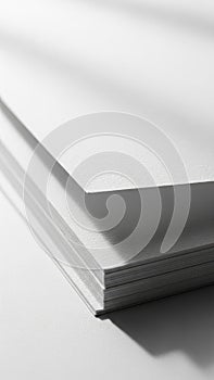 Stack of pristine white paper sheets in soft light isolated on white background
