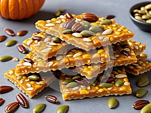 A Stack Of Pumpkin Spice Brittles With Nuts And Pumpkin Seeds. Generative AI